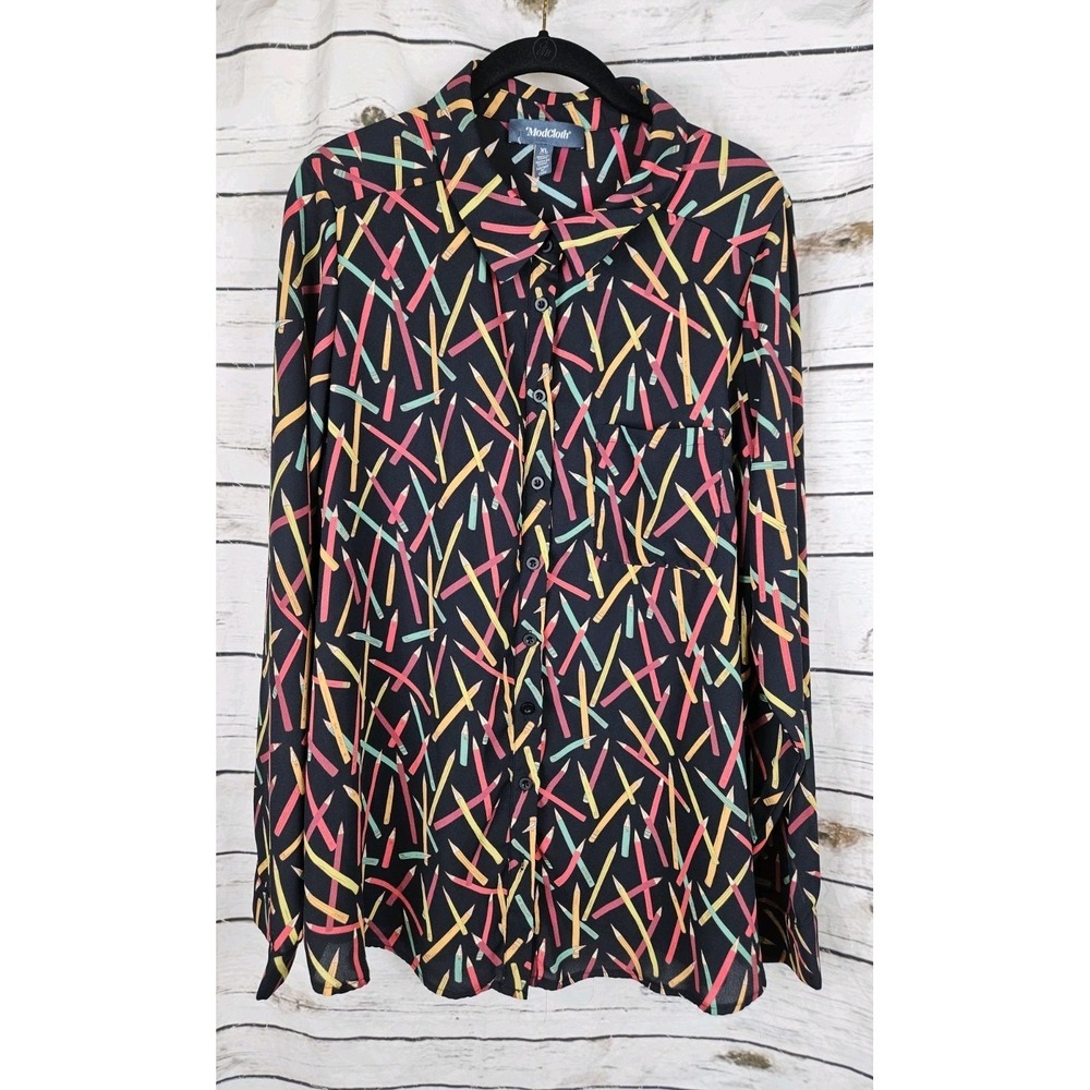 Modcloth Pencil Print Tunic Button Blouse Womens XL Crepe Novelty School